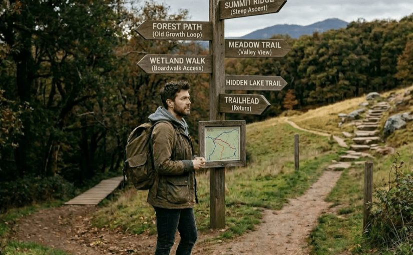 A woman standing at a trail fork with signs for 'Forest Path' and 'Meadow Trail'