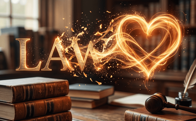 Glowing text reading 'LAW' with a fiery heart shape surrounded by law books and a gavel on a wooden desk