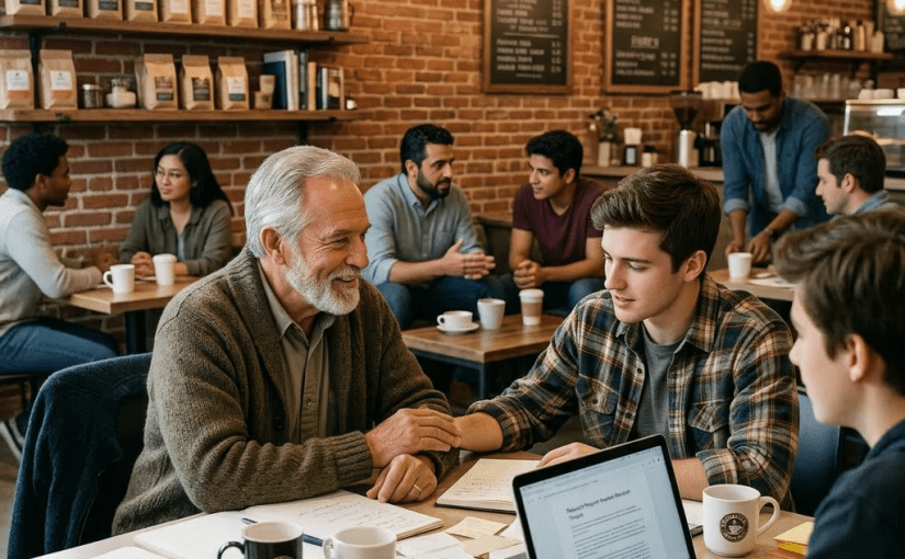 People collaborating around a table with notes and laptop during community meeting