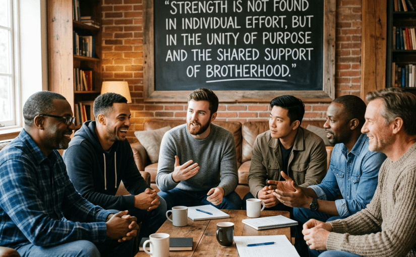 Six men sitting in a circle engaged in a support group discussion with a motivational quote on a chalkboard behind them