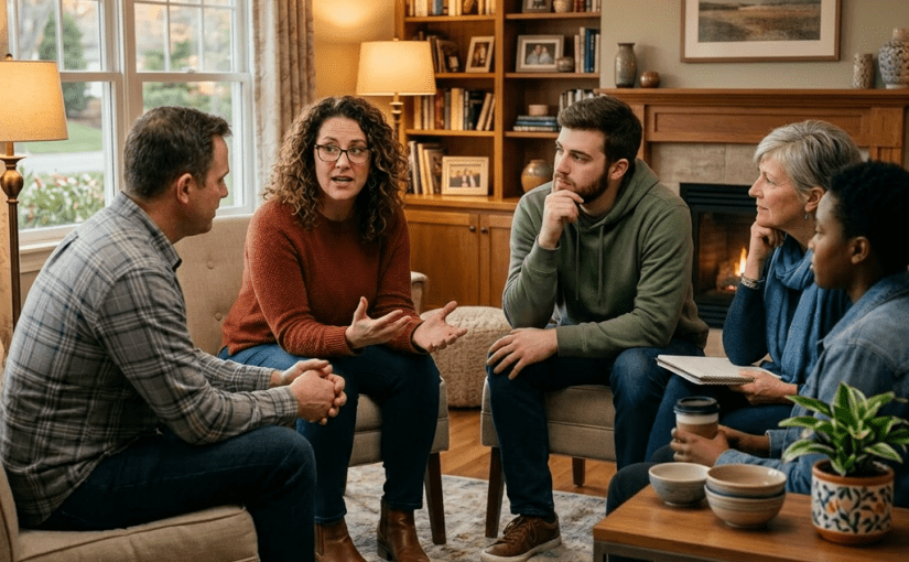 Five adults sitting in a circle, engaged in a group discussion