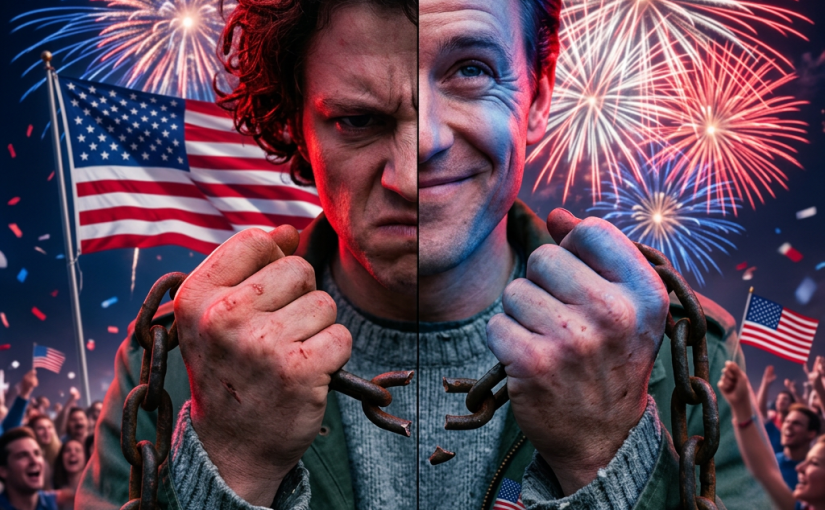 Man holding broken chains with one half angry and other half smiling